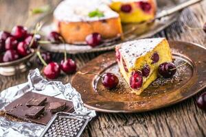 Cherry Cake. Assortment ingredients and cherry cake in retro style. photo