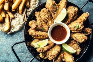 Fried chicken wings chili sauce lime and potato fries. photo