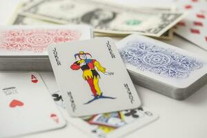 Joker card in the center of various playing cards turned both ways photo