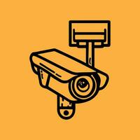 Security camera. CCTV surveillance system. Monitoring, guard equipment, burglary or robbery prevention. Vector illustration isolated on yellow background.