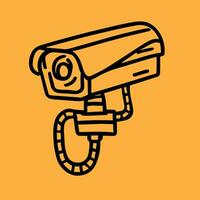 Security camera. CCTV surveillance system. Monitoring, guard equipment, burglary or robbery prevention. Vector illustration isolated on yellow background.