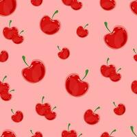 Juicy cherry pattern on pink background with red berries of different sizes. Seamless. Summer. Vector