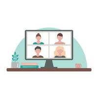 Men and women in different windows on the computer screen. Video conference. Vector illustration, flat style.