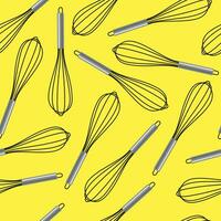 Seamless pattern with black hand drawn whisk kitchen utensil. Egg beater graphic emblem on yellow background. vector