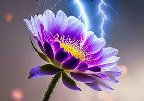 An image that combines the energy of lightning with the delicate beauty of blooming flowers. photo