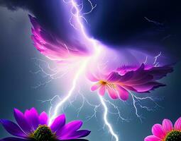 An image that combines the energy of lightning with the delicate beauty of blooming flowers. photo