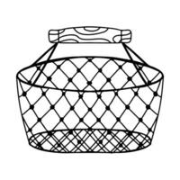 Straw wicker basket. Hand drawn doodle style. Vector illustration isolated on white. Coloring page.