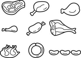 conjunto de diferente tipos de carnes iconos, sencillo contorno estilo vector ilustración, carne labios, rebanadas, piernas, salchichas, cerdo, pavo, pollo valores vector imagen