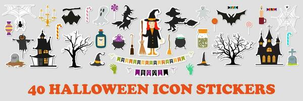 Set of cartoon Halloween stickers. Vector llustration and icon. Isolated sticker pack on grey background. Set of stickers, patches, pins in cartoon style. Collection of Halloween theme elements.