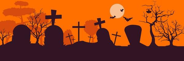 Graveyard and halloween, cemetery with bat, moon, tree and cemetery with lights and ghosts. Halloween landscape scene, small boneyard with tombstones and dry trees. Cartoon vector. vector