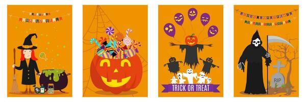 Vector set of cartoon style Halloween poster designs with halloween symbols and calligraphy. Funny halloween card. Party invitation design. Yellow background trick or treat.