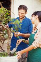 a man and woman standing in front of a garden photo