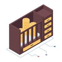 Coins in a wooden cradle, isometric icon of baby benefit vector