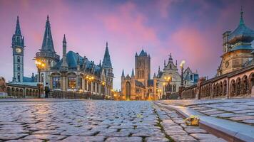 View of  historic city of downtown Ghent, cityscape of Belgium photo