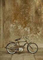 a bicycle is parked against a wall photo