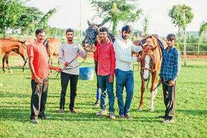 cuatro hombres en pie en un campo con un caballo foto