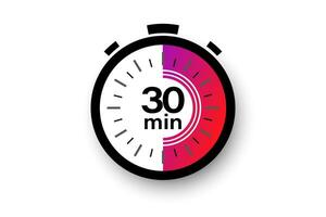 30 minutes timer. Stopwatch symbol in flat style. Editable isolated vector illustration.