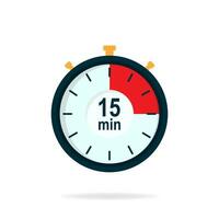 15 minutes timer. Stopwatch symbol in flat style. Isolated vector illustration.