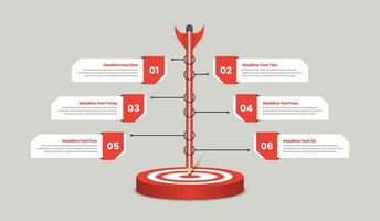 Six steps infographic template with a standing pencil on a circular target center vector