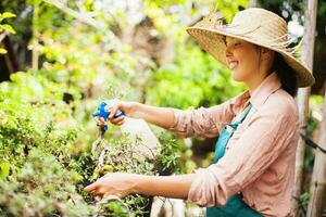 un mujer riego plantas en un jardín foto