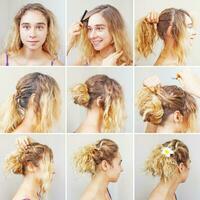 a collage of pictures showing how to do a messy bun photo