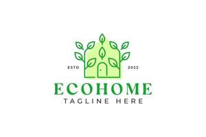 eco hogar cabaña pueblo logo con verde hoja y puerta forma para negocio ambiente propiedad sano vida estilo concepto. vector