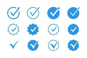 Verified Check Mark Sign Logo Badge Icon Set with Blue Color. Check, Accept, Confirm, Approve, Original, Guarantee. vector