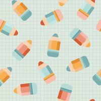 Cute seamless pattern with colorful pencils on the checkered background. Great for wallpaper, web background, wrapping paper, fabric, packaging, greeting cards and more. vector