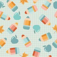 Cute seamless pattern with colorful pencils, apples, leaves on a checkered background. Great for wallpaper, web background, wrapping paper, fabric, packaging, greeting cards vector