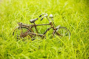 un juguete bicicleta es sentado en el césped foto