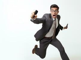 Person in business suit holding phone photo