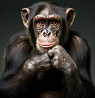 A chimpanzee facing away from the camera photo