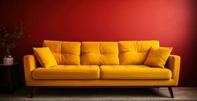 Modern yellow sofa on wooden bed frame photo