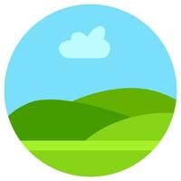 Natural cartoon landscape in circle. Vector illustration in the flat style with green hills, blue sky and clouds at sunny day.