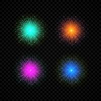 Light effect of lens flares. Set of four green, orange, purple and blue glowing lights starburst effects with sparkles vector