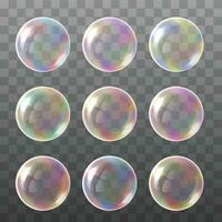 Vector transparent multicolored soap bubbles set on plaid background colection