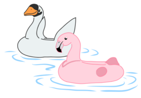 two bird swim rings in shape of swan and flamingo floating on water, water ripple around png