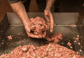 Hands cooking,Minced meat, sausage traditional preparation, Pampas, Argentina photo