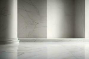 White marble wall with columns and marble floor. AI Generated. photo
