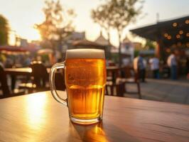 frío cervezas vaso en de madera mesa al aire libre. generativo ai foto