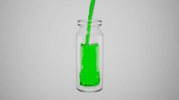 3D rendering of green fluid flowing in to clear bottle photo