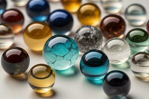 Colorful glass marbles on a the table. Selective focus. ai generative photo