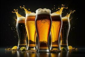 Glasses of different beer on a solid color background. ai generative photo