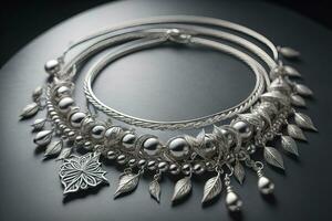 Silver necklace on a solid color background in close-up. ai generative photo