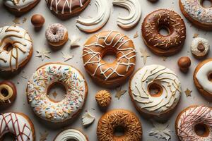 Variety of donuts on a solid color background. Top view. ai generative photo