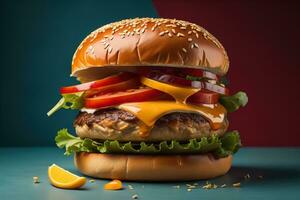 Big tasty hamburger on wooden table. ai generative photo