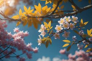 cherry blossom sakura flower on blue sky background, ai generative photo