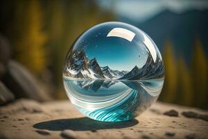 Transparent crystal ball on a wooden table. ai generative photo
