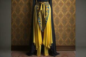 Young woman in traditional thai costume standing on the floor against solid color background. ai generative photo