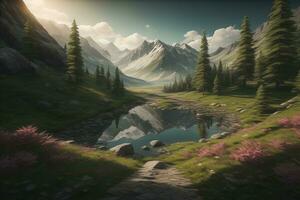 Beautiful fantasy landscape with a river in the mountains. ai generative photo